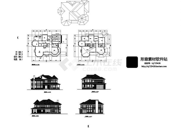 384平方米2层别墅建筑设计施工cad图纸，共六张-图二
