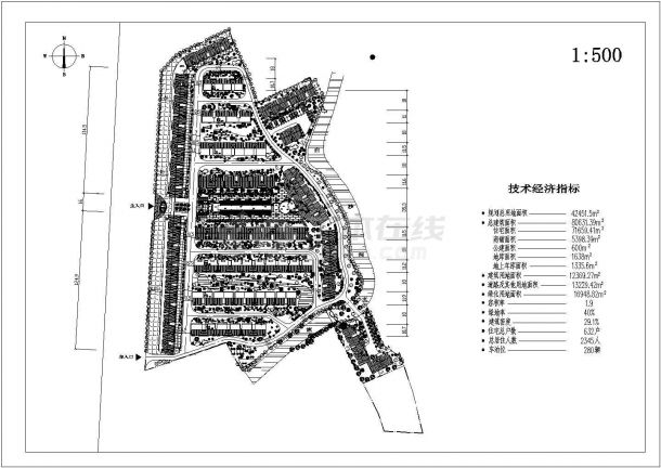 某现代高档小区（规划总用地面积42451.5㎡）规划设计cad总平面布置图（含技术经济指标）-图一