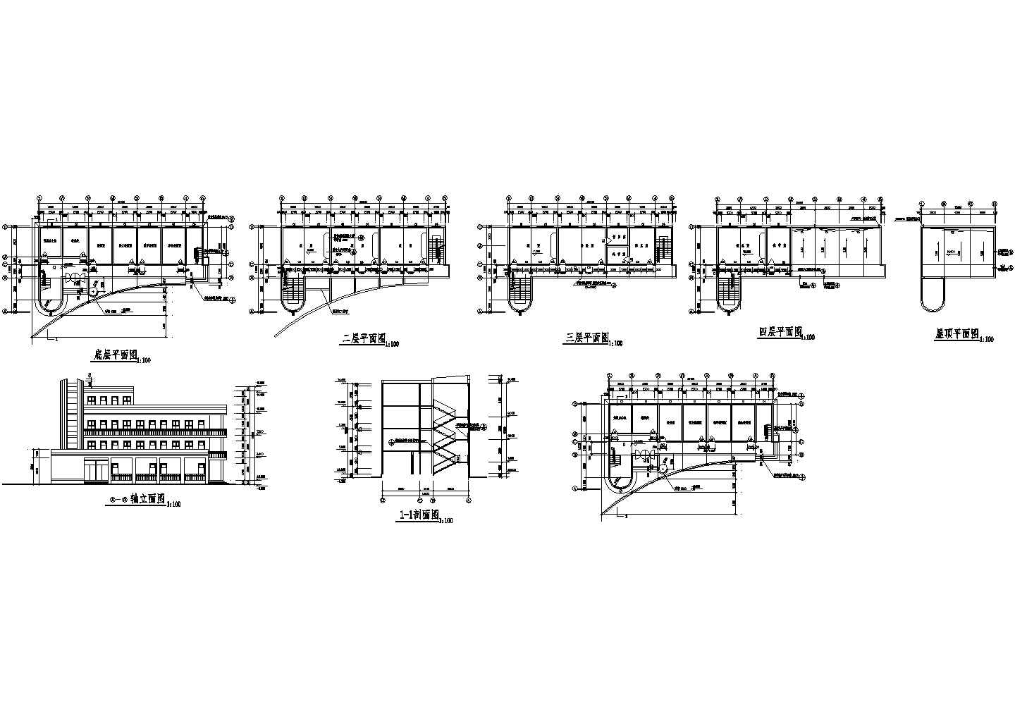 一套多层小学教学楼全套建筑施工cad图（含屋顶平面图，各层平面图）