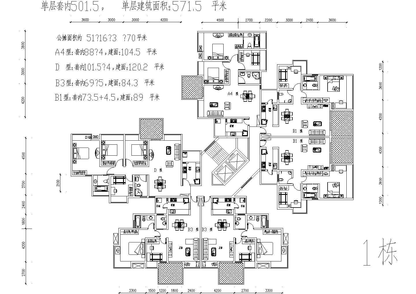 高层45-120㎡两梯六户住宅楼建筑户型设计图纸_户型图__土木在线