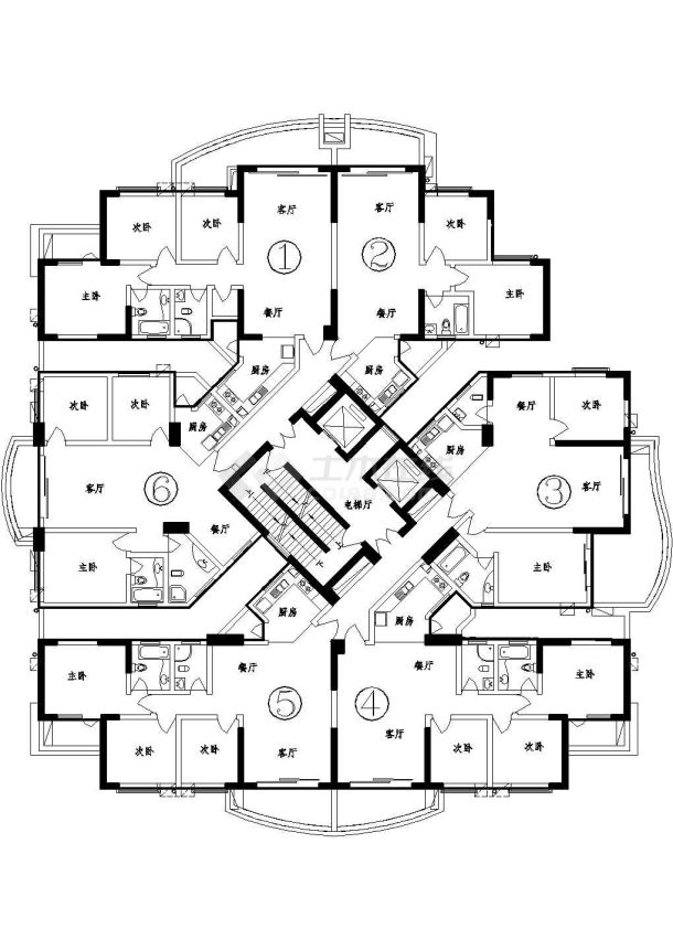 某小区j建筑两梯六户高层98平米电梯楼设计-图二