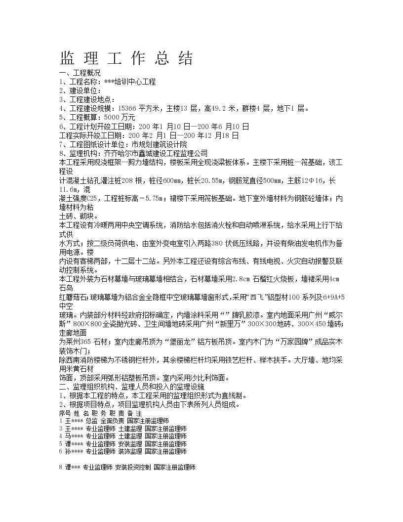 某培训中心工程监理工作总结