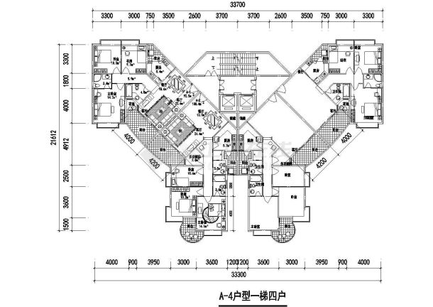 某地区一梯四户电梯经典小型高层90-100平米建筑图-图二