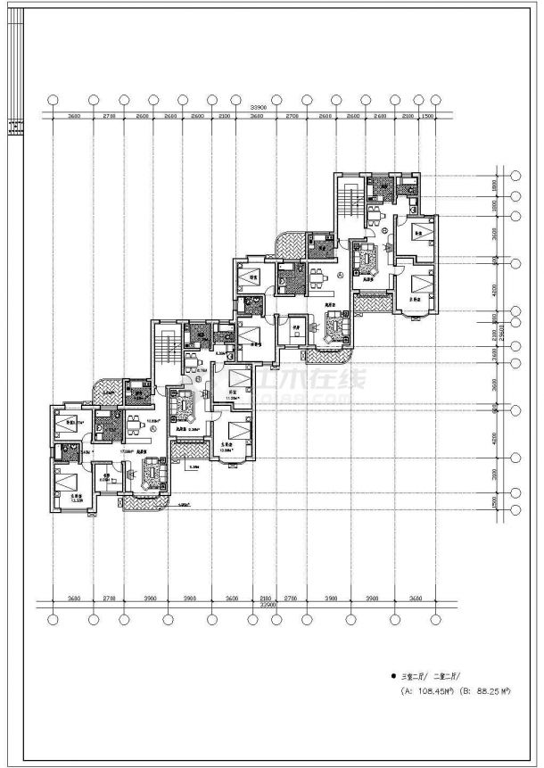 某经典楼盘一梯两户多层斜向布局196平米建筑设计图-图二
