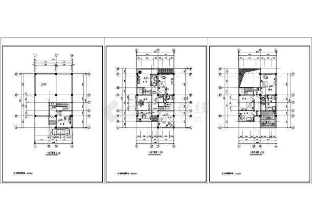 某联排住宅区三层框架结构住宅楼设计cad建筑平面图（标注详细）-图一