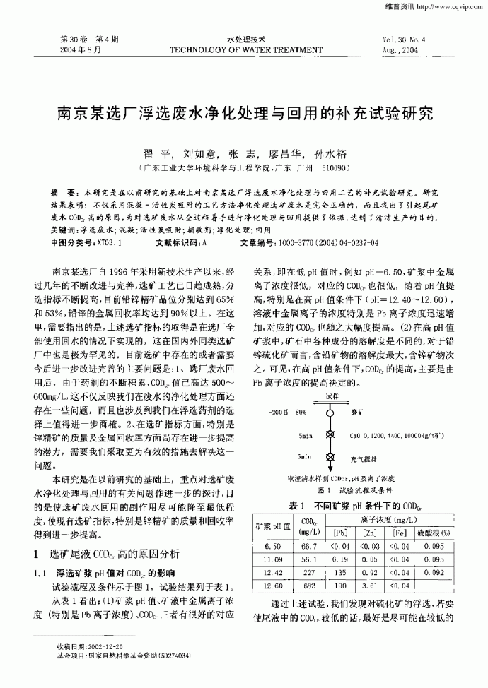 南京某选厂浮选废水净化处理与回用的补充试验研究_图1