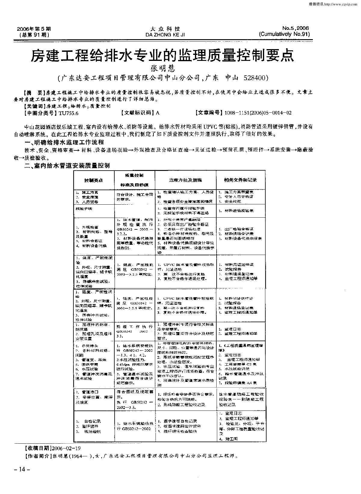 房建工程给排水专业的监理质量控制要点