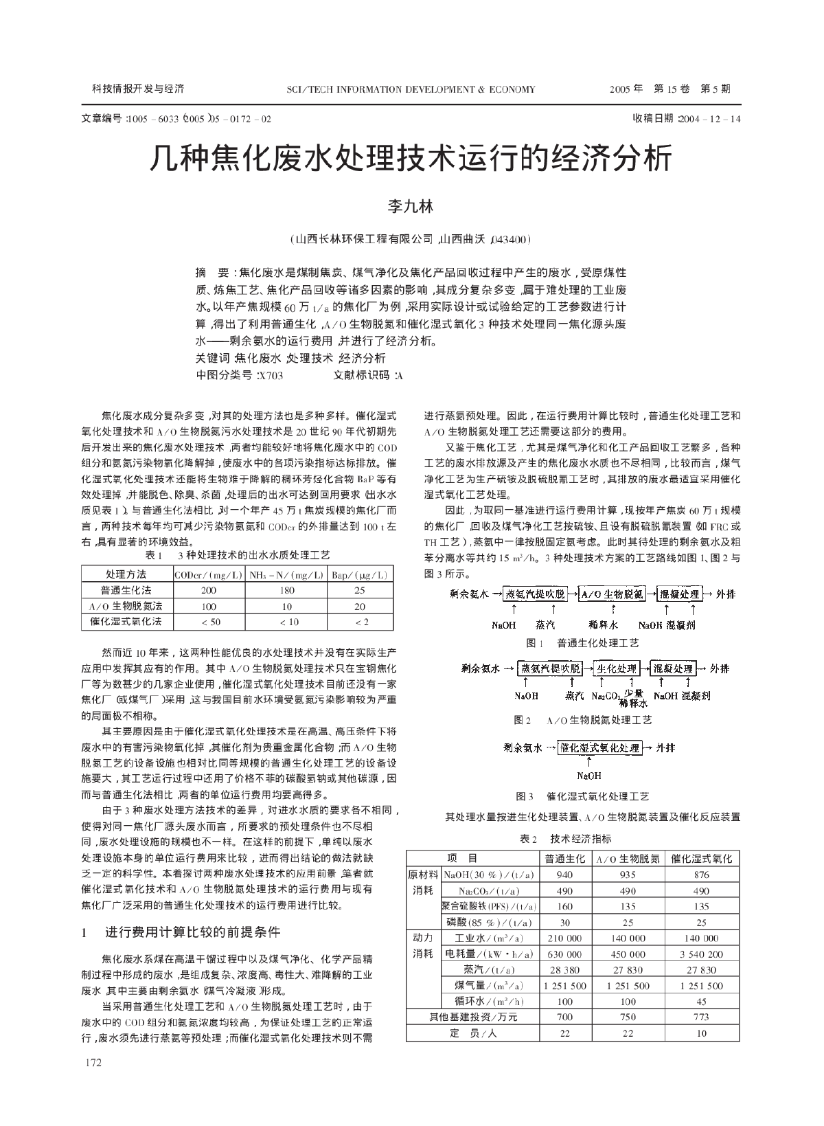 几种焦化废水处理技术运行的经济分析-图一