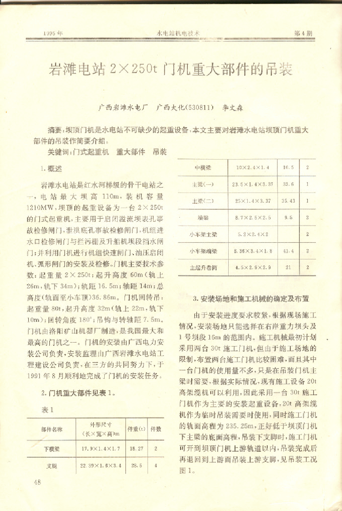 岩滩电站2X250t门机重大部件的吊装-图一