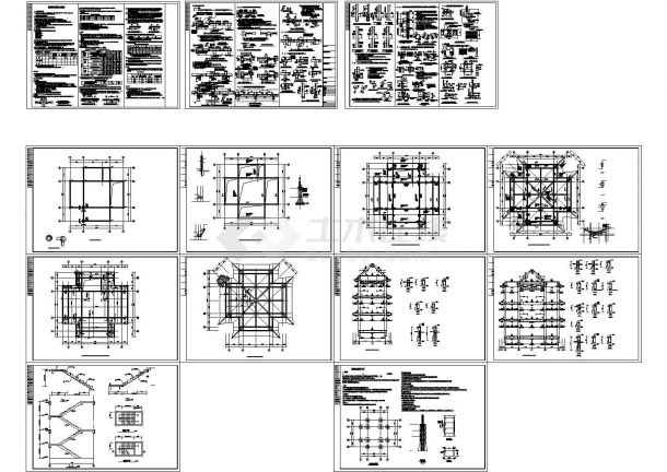 三层框架结构亭子结构施工图（含建筑图），18张图纸-图二