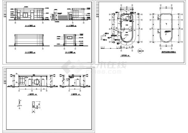 某水厂厂区单层框架结构大门设计cad建筑平立剖面图（标注详细）-图一