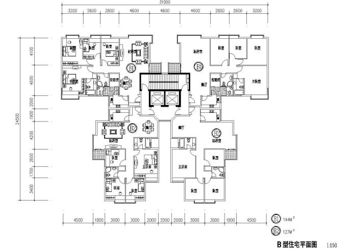 2楼梯2电梯4户：4室2厅【B1-144平 B2-127平】cad施工图设计_图1