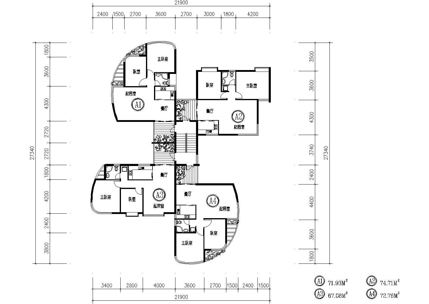1楼梯4户：2室2厅 每户均有入户花园【A1-71.93平 A2-74.71平 A3-67.08平 A4-72.76平】cad施工图设计