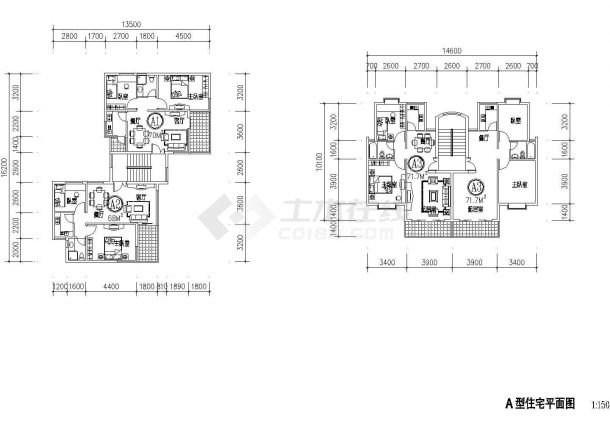 1楼梯2户：2室2厅 低层住宅2个方案 方案1【A1-70平 A2-68平】 方案2【A3-71.7平】cad施工图设计-图一