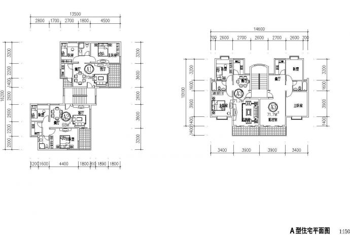 1楼梯2户：2室2厅 低层住宅2个方案 方案1【A1-70平 A2-68平】 方案2【A3-71.7平】cad施工图设计_图1