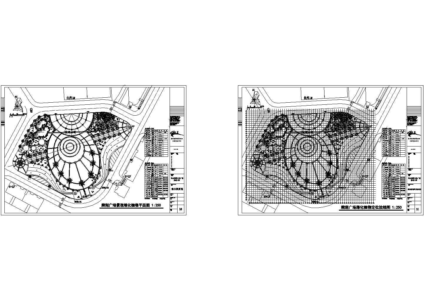 熊湖广场绿化植物定位放线图和总平面广场材质CAD施工图