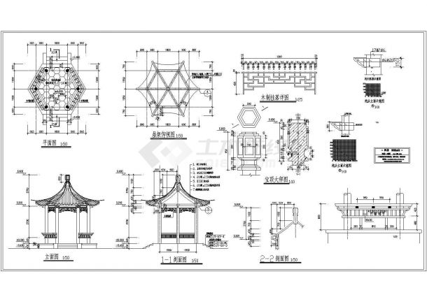 某小区广场六角亭平立面古建筑设计全套施工图-图二