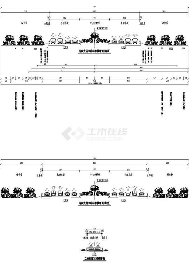 红线宽100米双向十车道道路标准横断面图-图一