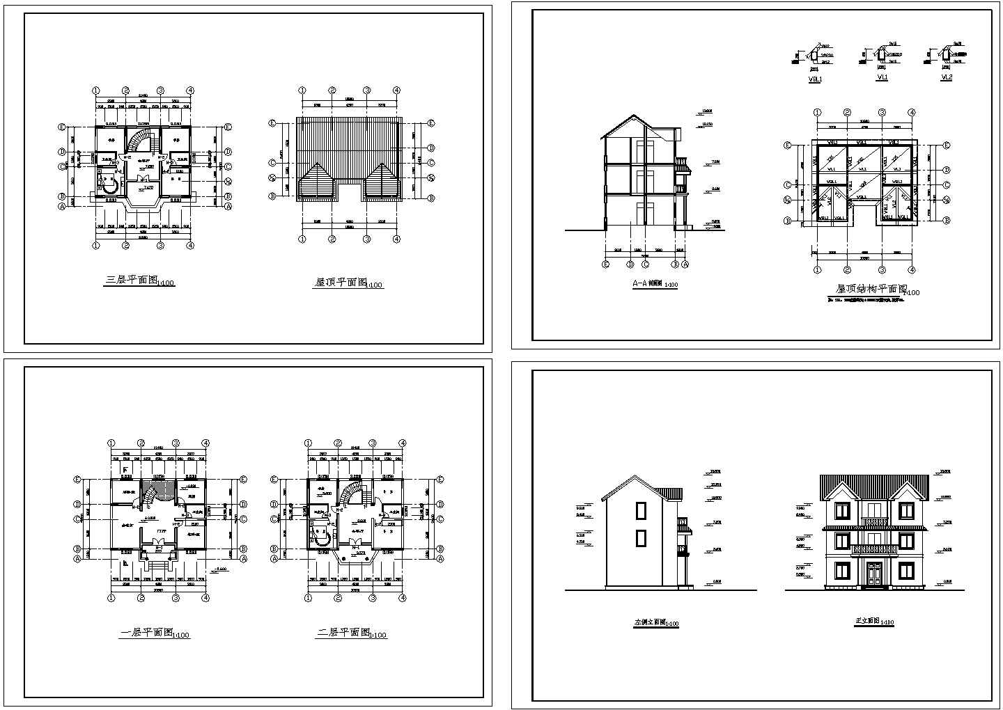 某三层框架结构中式风格别墅设计cad全套建筑施工图（标注详细）