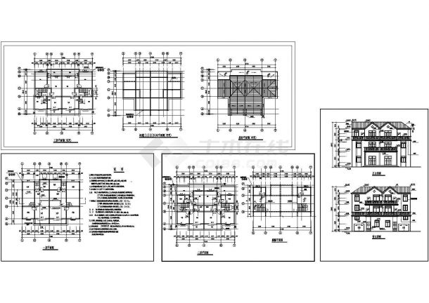 某三层带阁楼层砖混结构别墅设计cad建筑方案图（标注详细）-图一