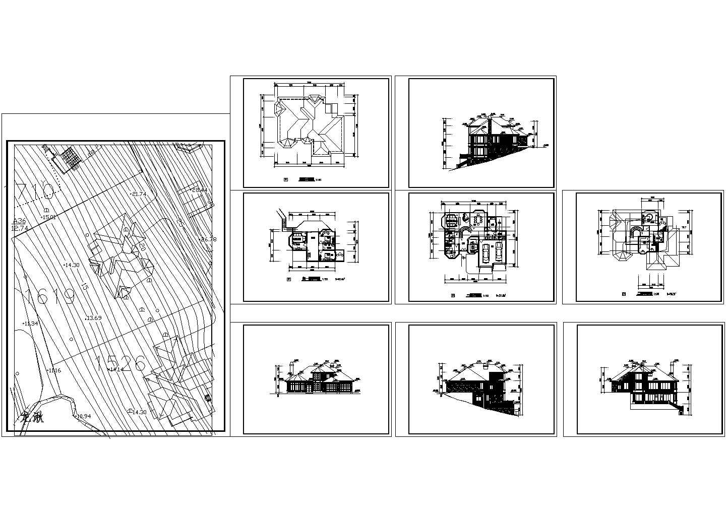 某二层带地下层框架结构坡地别墅设计cad建筑方案图（标注详细）