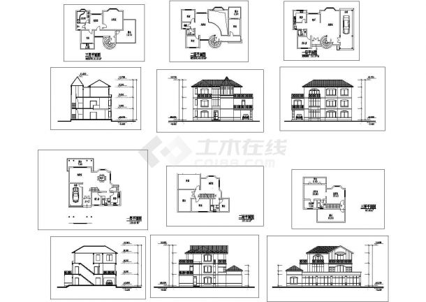 某三层框架结构别墅造型设计cad全套方案图（标注详细）-图一