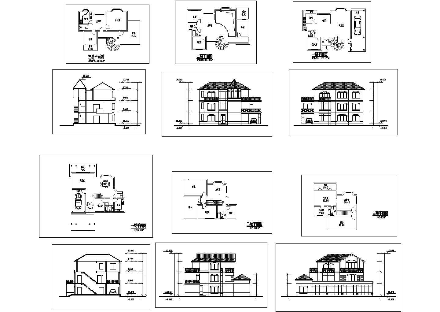 某三层框架结构别墅造型设计cad全套方案图（标注详细）