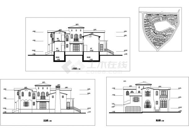 某二层框架结构独立别墅设计cad建筑立剖面方案图（含总平面）-图一
