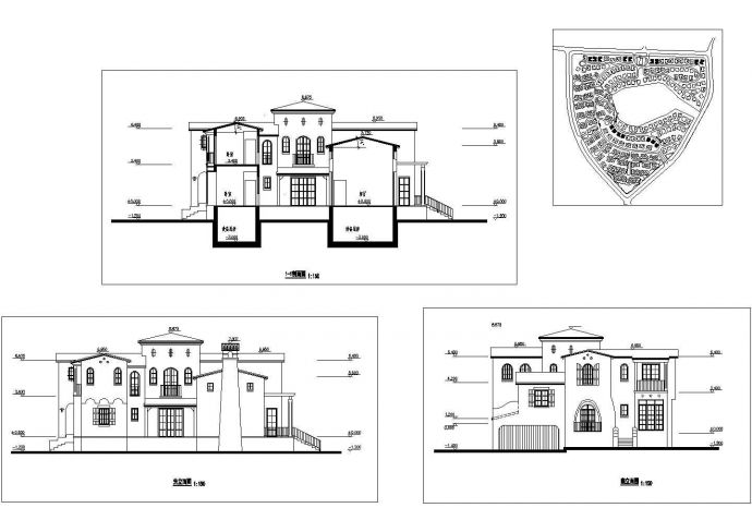 某二层框架结构独立别墅设计cad建筑立剖面方案图（含总平面）_图1