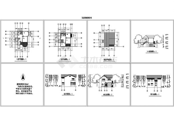 某二层框架结构西式瓦屋顶家庭小别墅住宅设计cad全套建施图纸（标注详细）-图二
