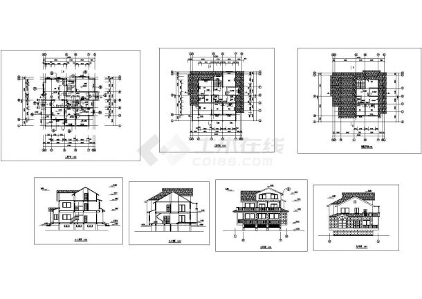 某三层带阁楼层框架结构小别墅设计cad建筑方案图（标注详细）-图一