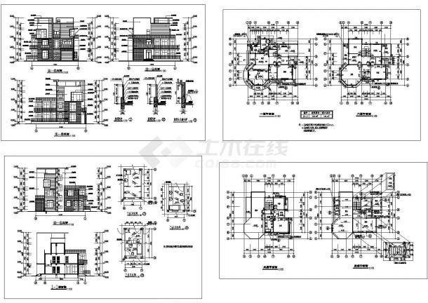 某三层框架结构独体别墅设计cad全套建施图纸（标注详细）-图一