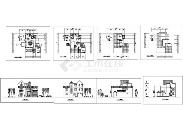 某三层框架结构独立式私人别墅设计cad全套建筑方案图（标注详细）-图一