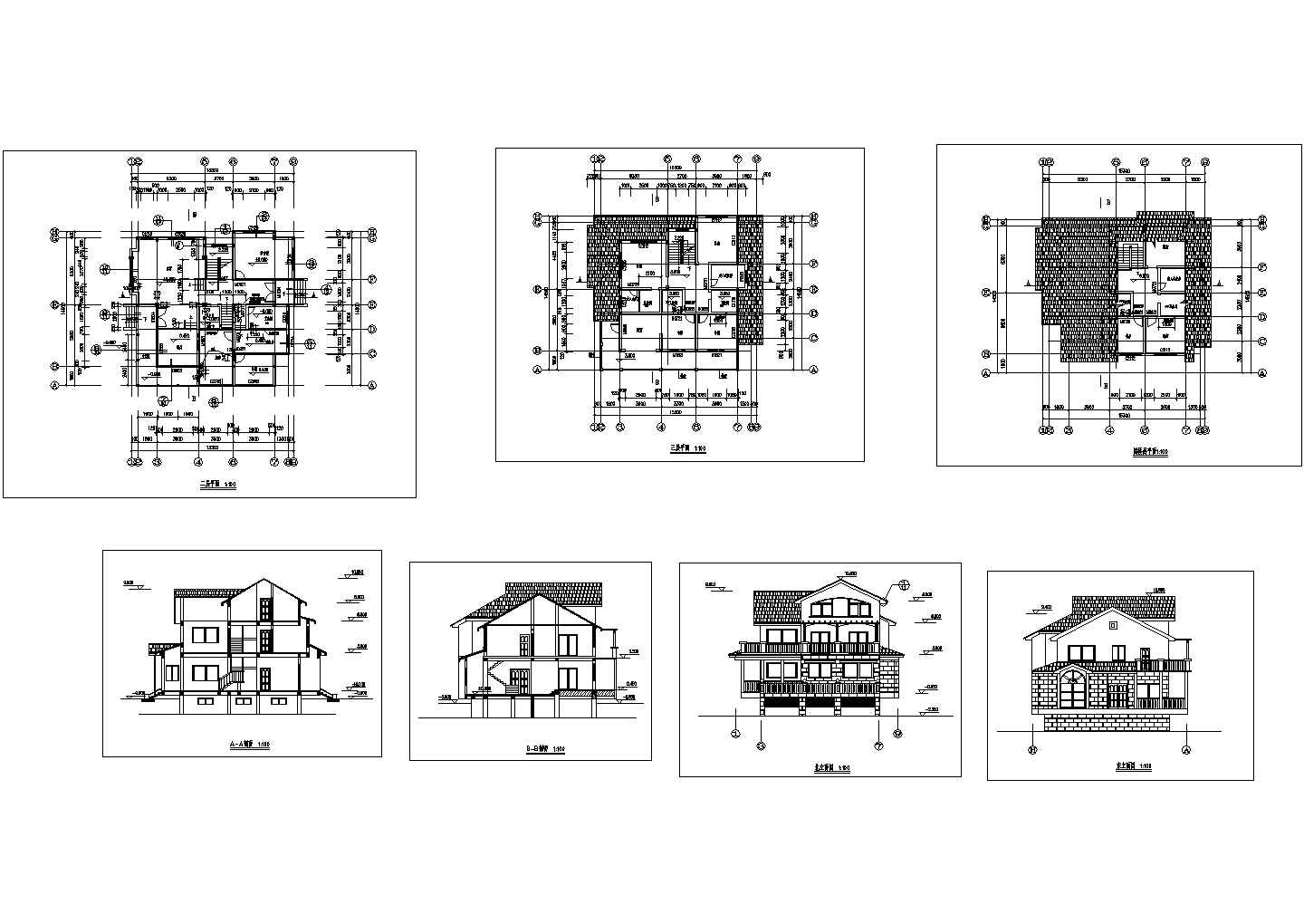 某三层带阁楼层砖混结构古典风格小别墅设计cad建筑方案图（甲级院设计）