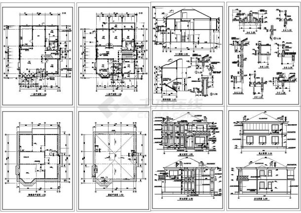 二层带阁楼层经典别墅住宅楼建筑设计施工cad图纸，共八张-图一