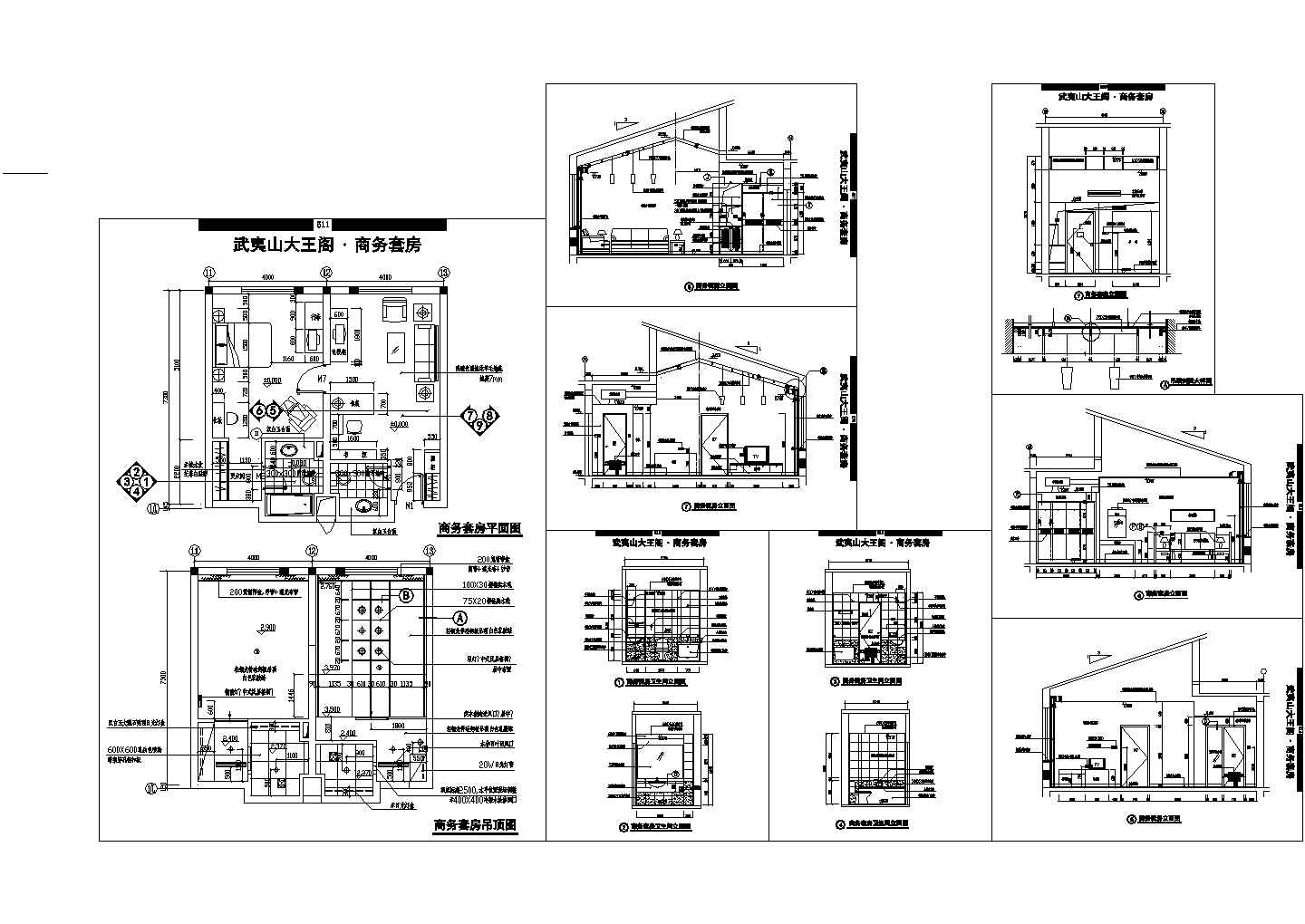 武夷山大王阁商务套房全套建筑施工设计cad图纸（含商务套房吊顶图）