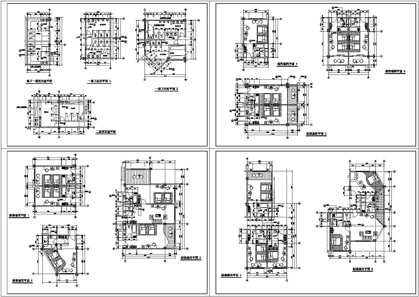 某地四星级宾馆标准间全套建筑施工设计cad图纸（含更衣室平面图）