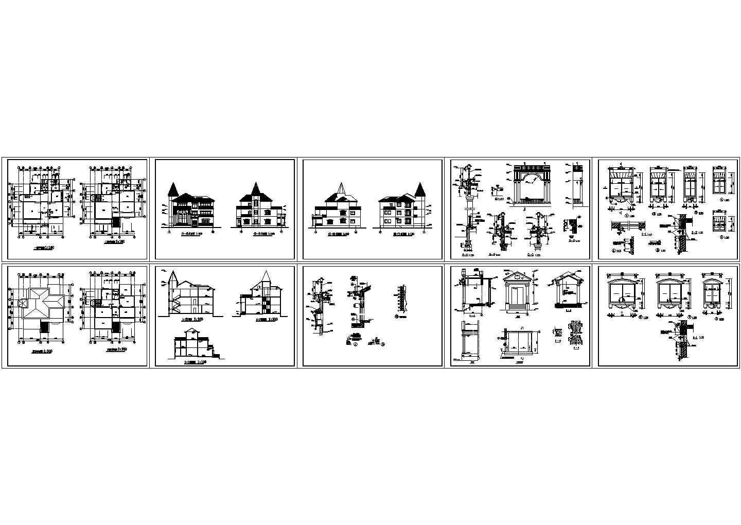 某三层框剪结构欧式尖顶小别墅设计cad全套建筑施工图（标注详细）