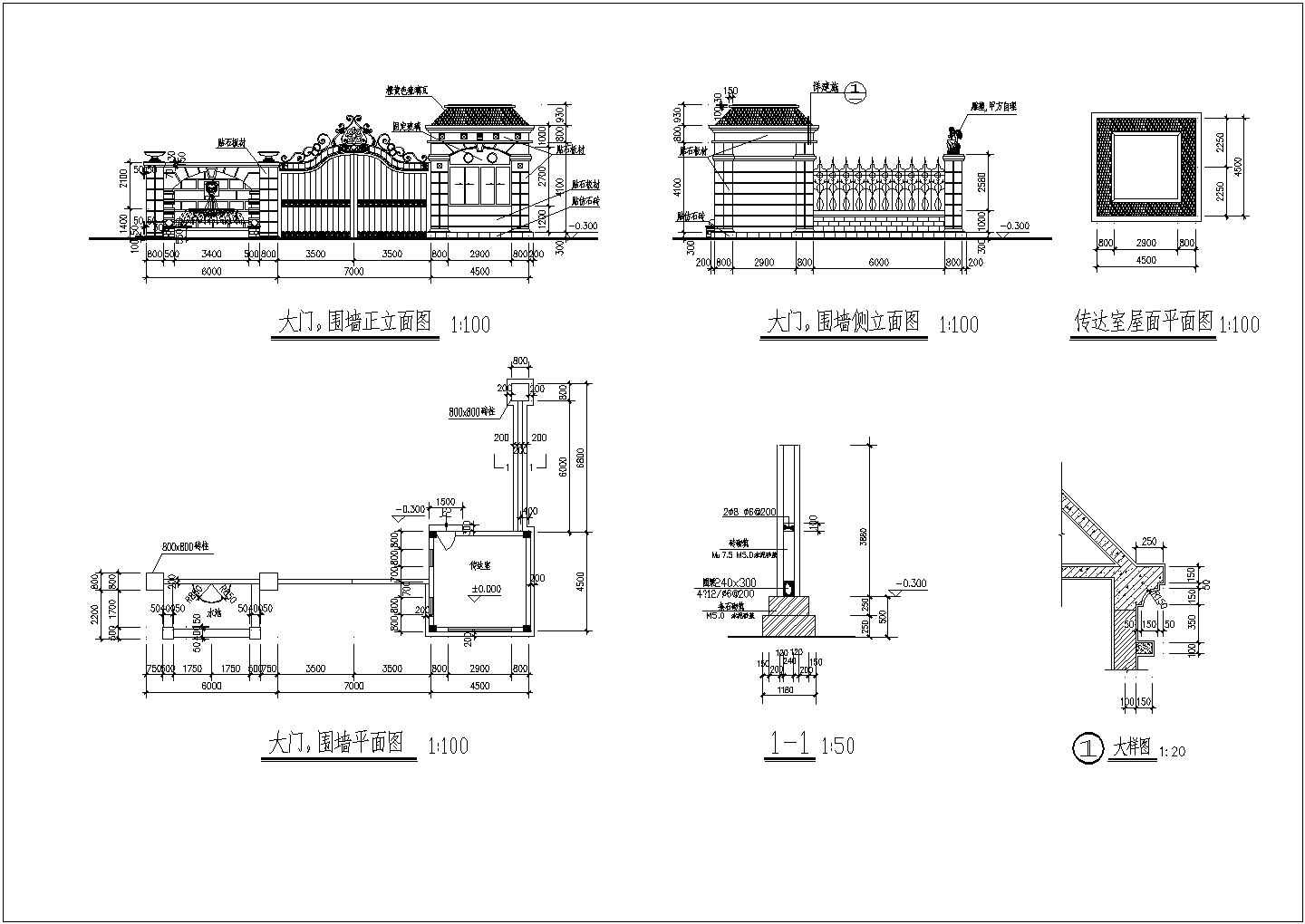 某地大型工厂及小区大门围墙全套cad施工设计图