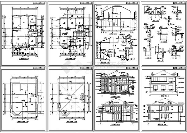 某二层带阁楼层砌体结构私人小别墅设计cad全套建施图纸（标注详细）-图一