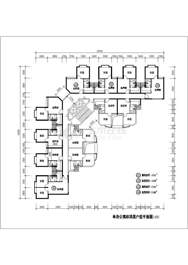 某CAD完整节点详细方案1楼2电梯12户单身公寓标准层户型平面图【（A1 A2 A3户型均为1室1厅1卫 面积42 46 50平米)（A4户型2室1厅1卫59平米）】-图一