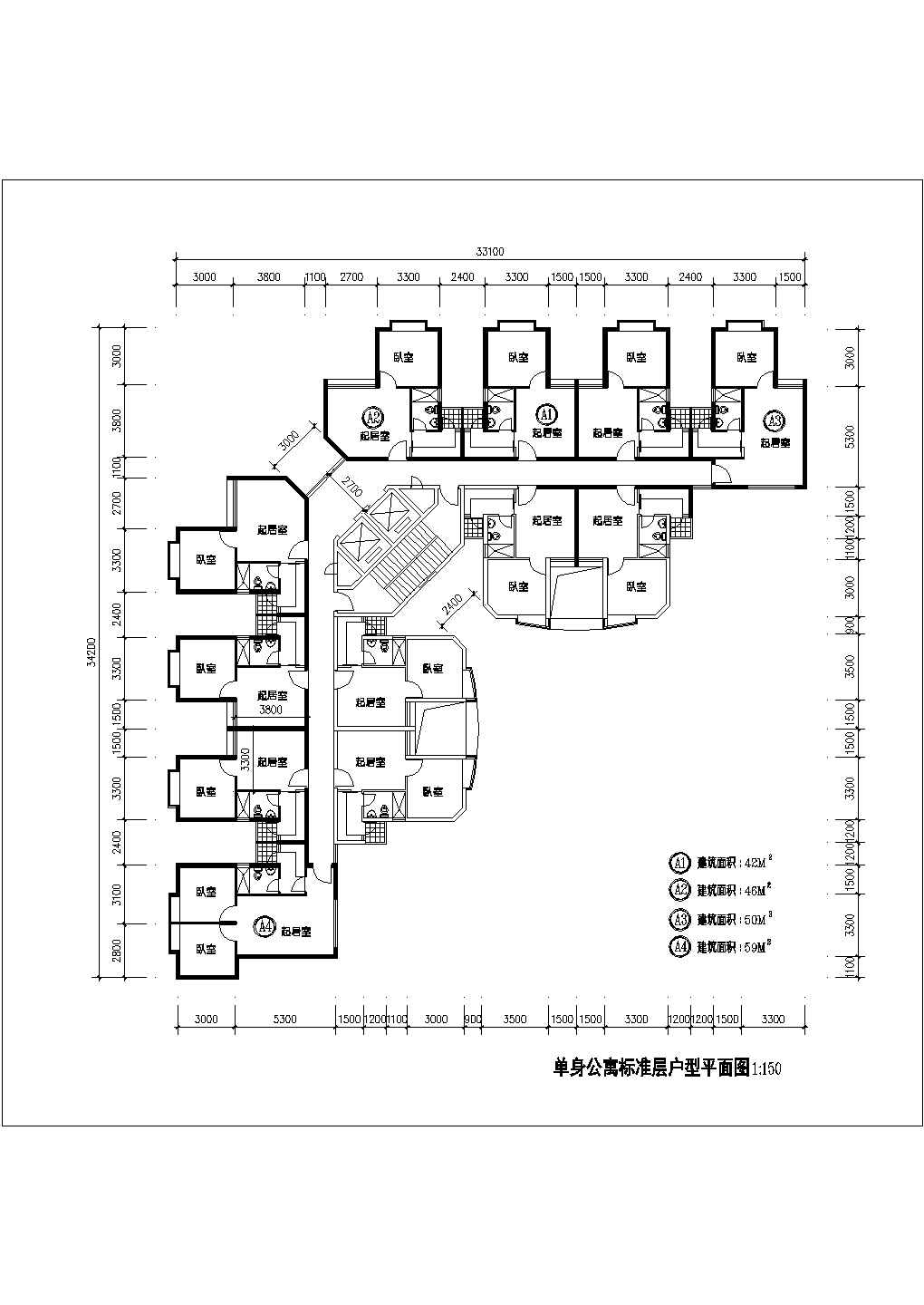 某CAD完整节点详细方案1楼2电梯12户单身公寓标准层户型平面图【（A1 A2 A3户型均为1室1厅1卫 面积42 46 50平米)（A4户型2室1厅1卫59平米）】