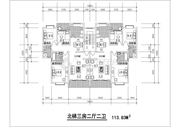 某CAD构造设计详细方案1梯2户户型对称【北梯，3室2厅2卫2阳台、每户113.83平米】-图一
