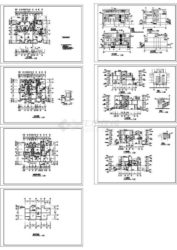 二层带阁楼联排别墅建筑设计施工cad图纸，共七张-图一