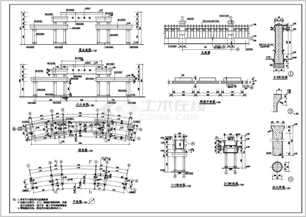 【青岛】某小区大门围墙建筑施工CAD全套图纸-图一