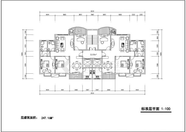 某CAD节点详细方案小区高层住宅标准层对称户型【1楼梯2电梯、2室2厅2卫1书房2阳台、每户100平米】-图一