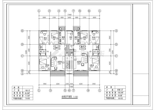 某CAD节点完整平立剖方案小区住宅1梯2户标准层不对称户型【3室2厅1卫2阳台96.6平米 4室2厅1卫2阳台108.26平米】-图一