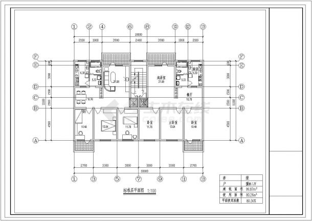 某CAD详细施工平面方案小区住宅1梯2户标准层对称户型【3室2厅1卫2阳台 99.87平米】-图一