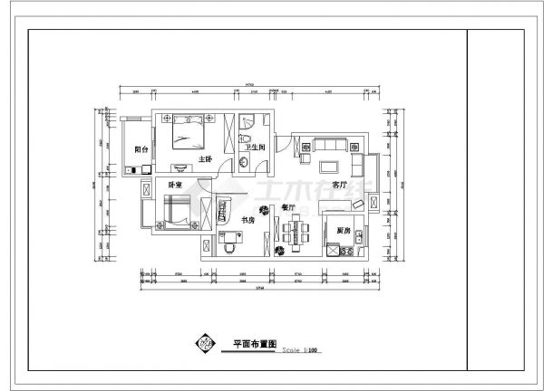 某CAD全套施工方案套房户型1个【3室2厅1卫1阳台、长14.76米、宽8.64米】-图一