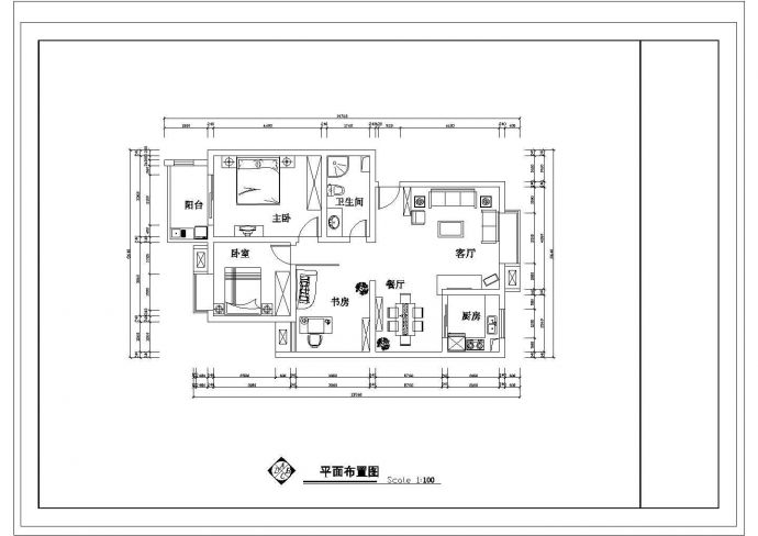 某CAD全套施工方案套房户型1个【3室2厅1卫1阳台、长14.76米、宽8.64米】_图1